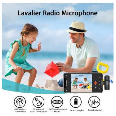 Wireless lavalier microphone for iPhone and Android with UHF transmission and 20 meters of range