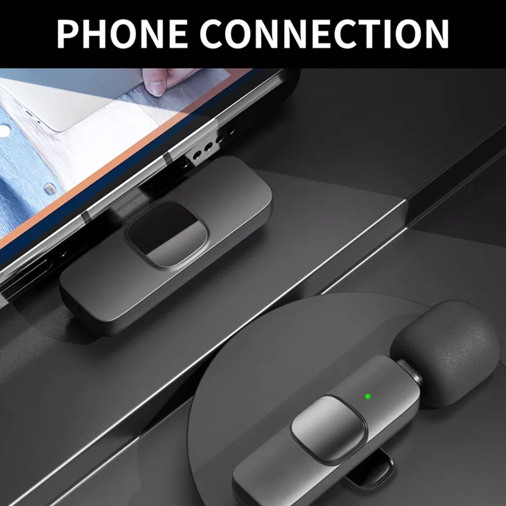 Close-up of VMIDirect wireless lavalier microphone for iPhone and Android showcasing phone connection feature