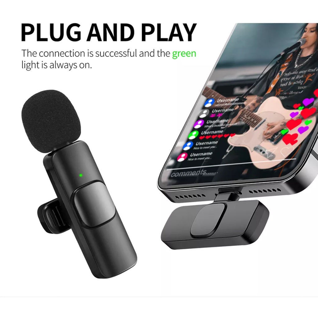 Wireless lavalier microphone for iPhone and Android with easy plug and play setup for clear audio