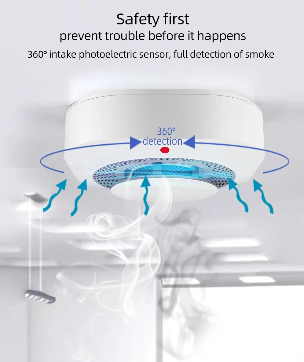 Wireless smoke detector with 360 degree photoelectric sensor for home security alarm system
