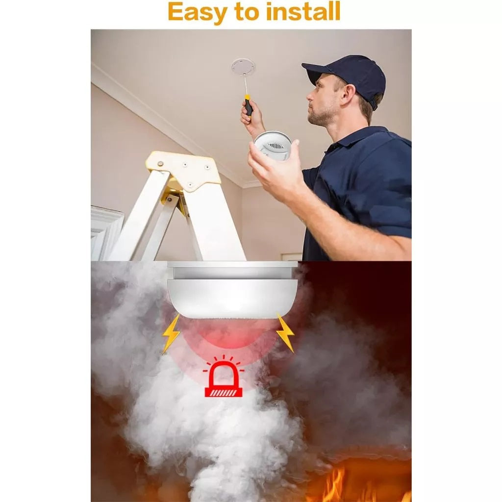 Wireless smoke detector for home being installed on ceiling and detecting smoke with alarm