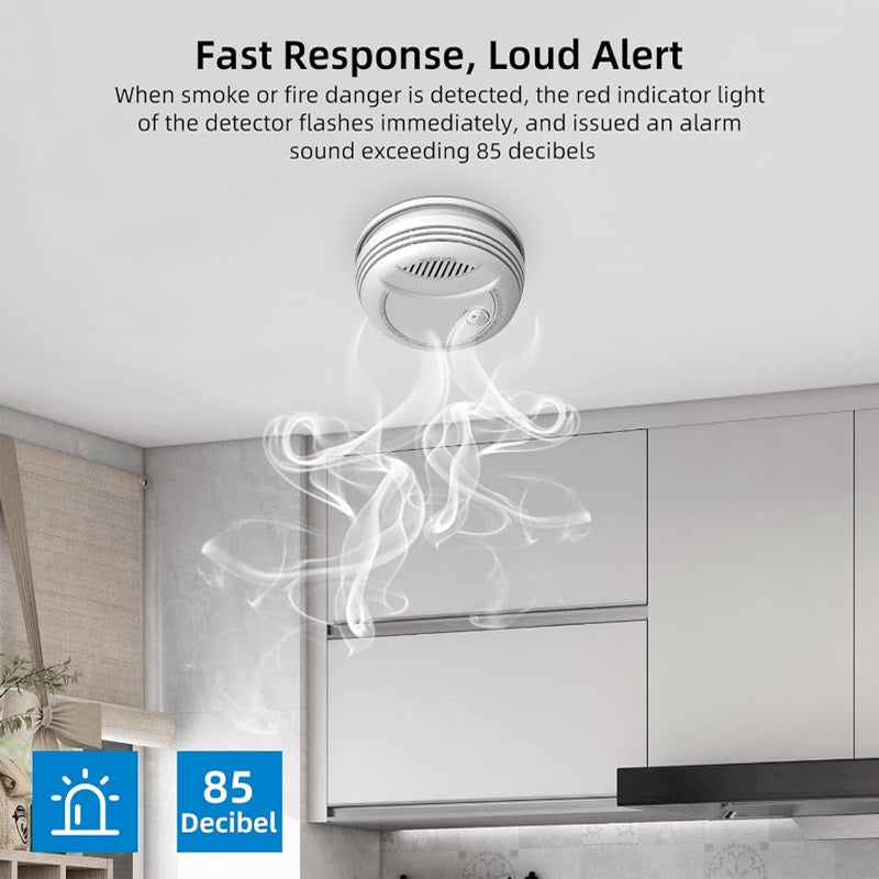 Smoke detector for home by VMIDirect mounted on ceiling emitting alarm with 85 decibel alert