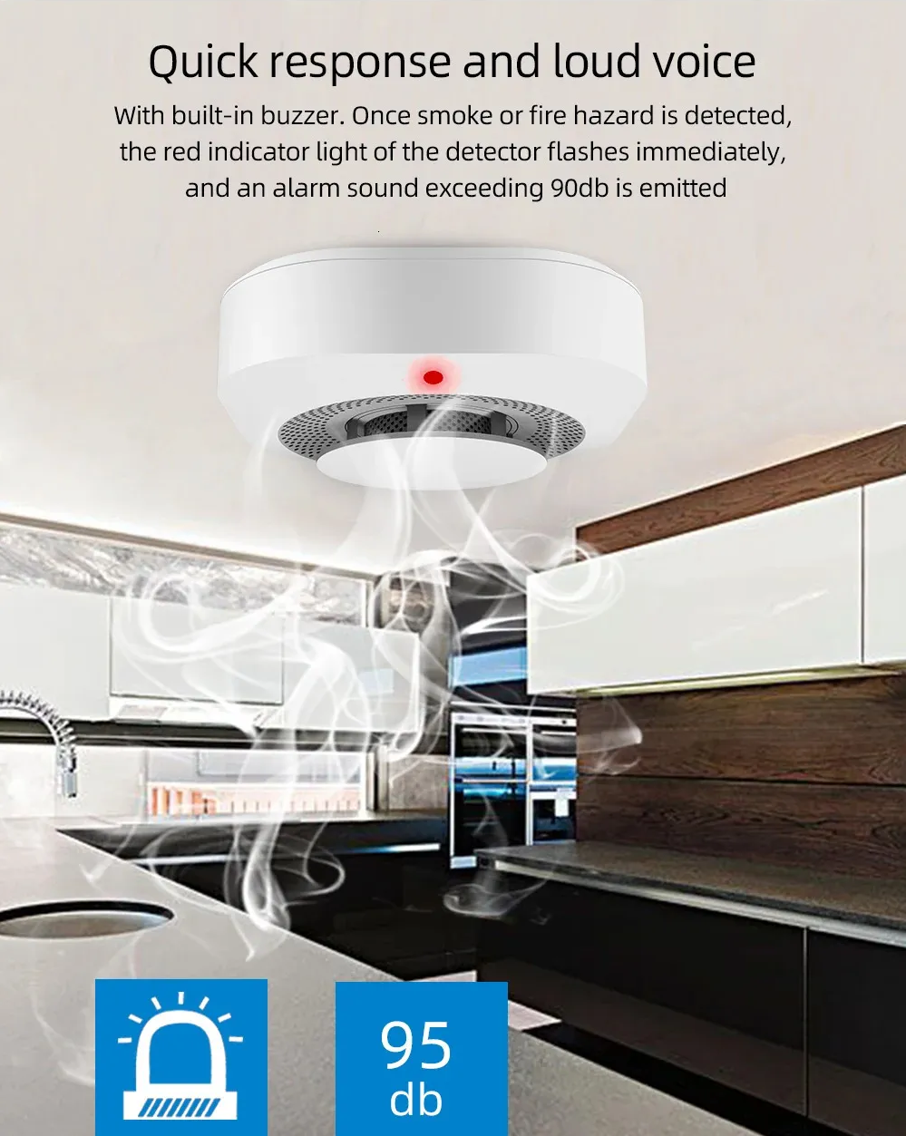 Wireless smoke detector installed on kitchen ceiling with built-in buzzer and red indicator light