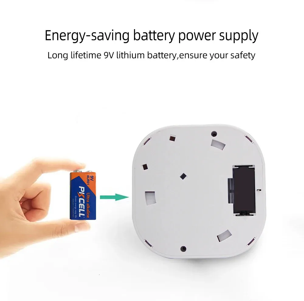 Wireless Smoke Detector showing energy-saving 9V lithium battery power supply