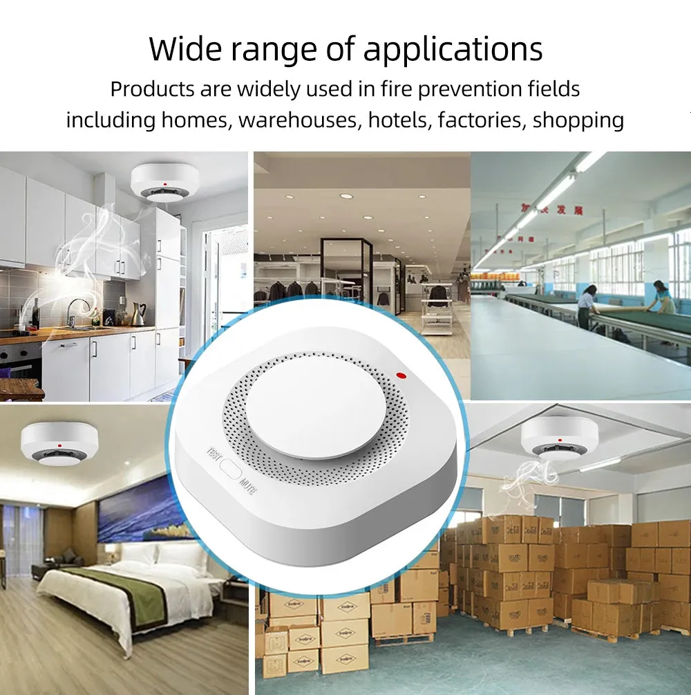 Wireless smoke detector shown in various applications including home kitchen bedroom warehouse and industrial settings