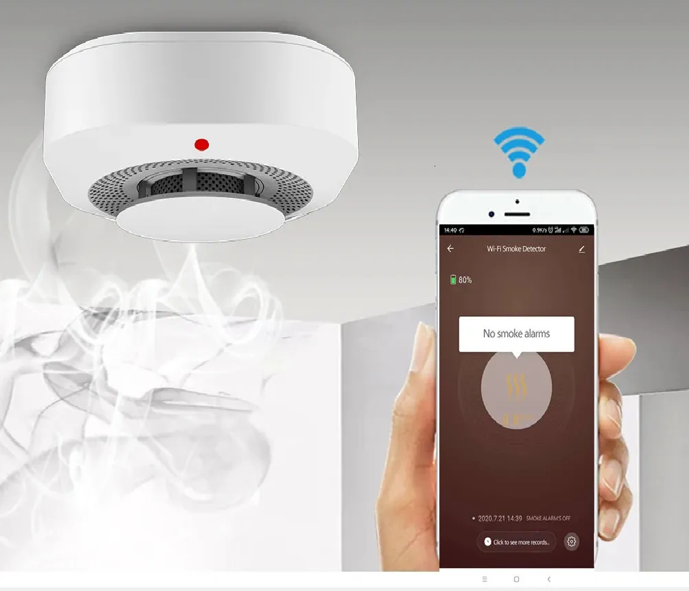 Home security alarm system with wireless smoke detector connected to smartphone app