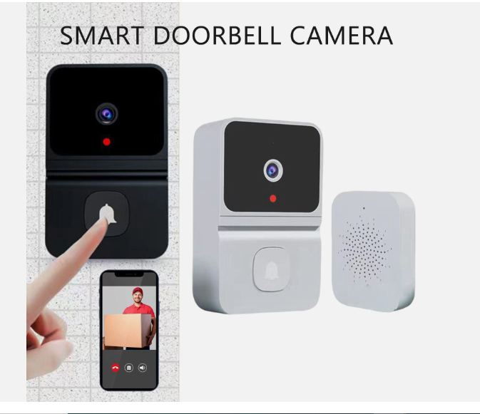 Wireless video doorbell with camera showing smart doorbell and smartphone video alert