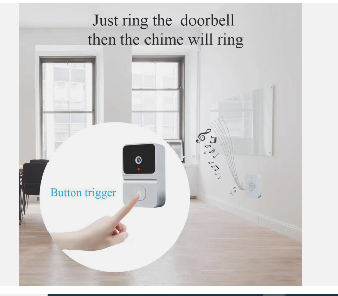 Wireless Video Doorbell with Camera showing button trigger and chime ringing inside a modern home