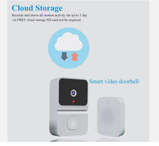 Wireless video doorbell with camera featuring cloud storage for motion activity and smart video doorbell system