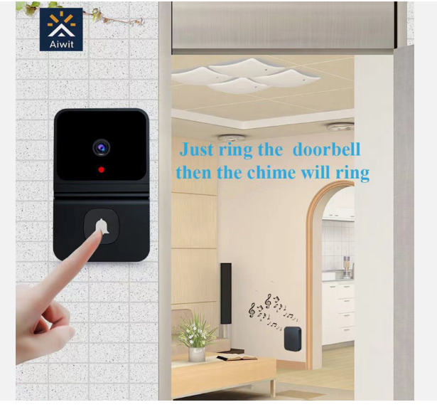 Wireless video doorbell with camera mounted on wall with finger pressing button and chime inside home