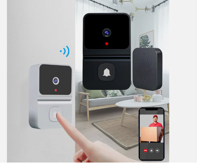 Wireless video doorbell with camera showing indoor chime and video call on smartphone