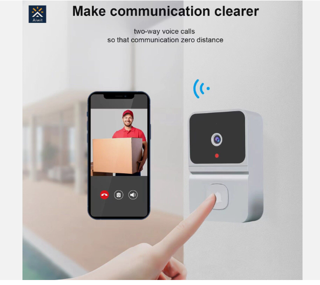 Wireless video doorbell with camera showing two-way voice calls on a smartphone screen