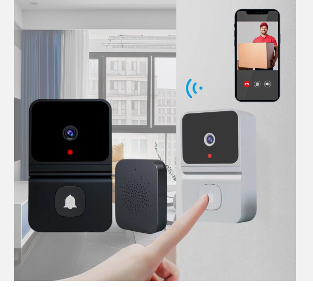 Wireless video doorbell with camera in black and white showing video call on smartphone