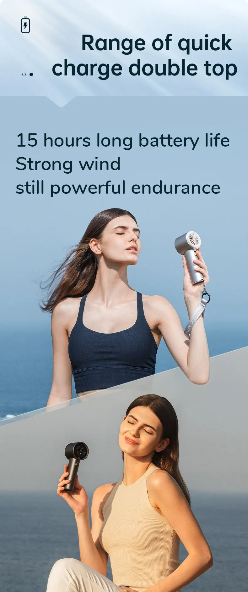 Portable mini handheld fan with strong wind and 15 hours long battery life shown in use by two women