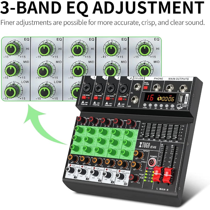 Audio mixer with DSP effects featuring 3-band EQ adjustment for improved sound clarity