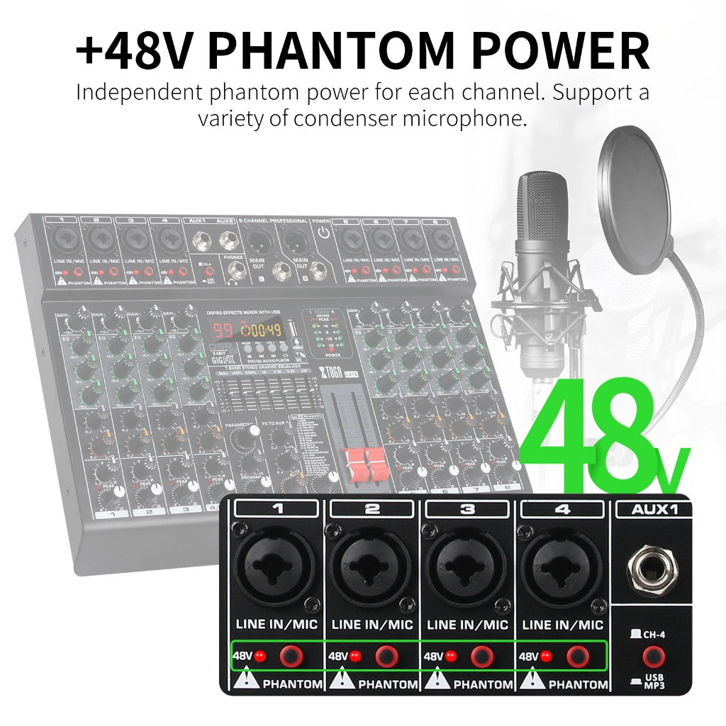 Bluetooth USB MP3 mixing console with independent phantom power for condenser microphones