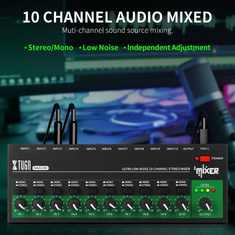 XTUGA MAX1200 mini sound mixer with 10 channels for low noise audio mixing and independent adjustments