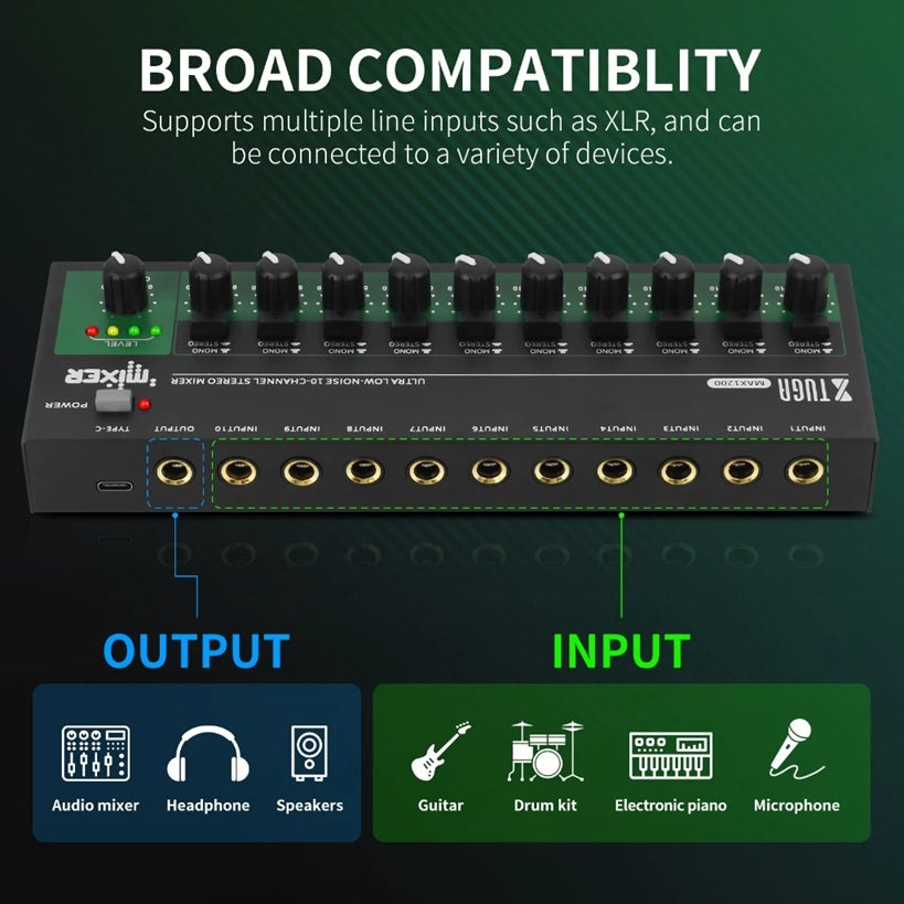XTUGA MAX1200 mini sound mixer with multiple input options for versatile audio connections