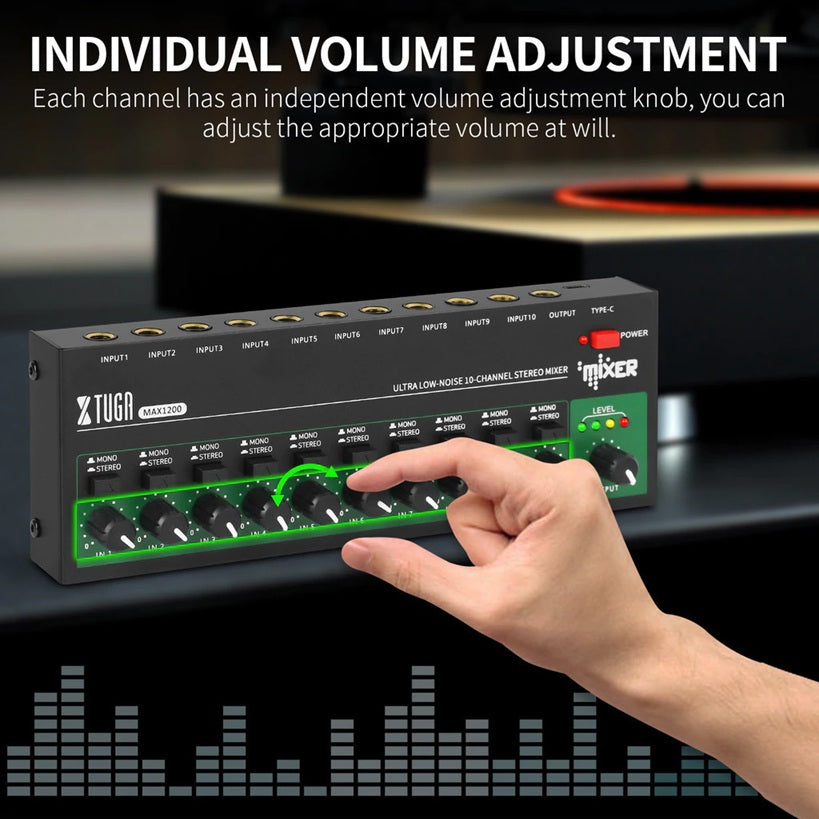 XTUGA MAX1200 mini sound mixer featuring individual volume adjustment knobs for precise control