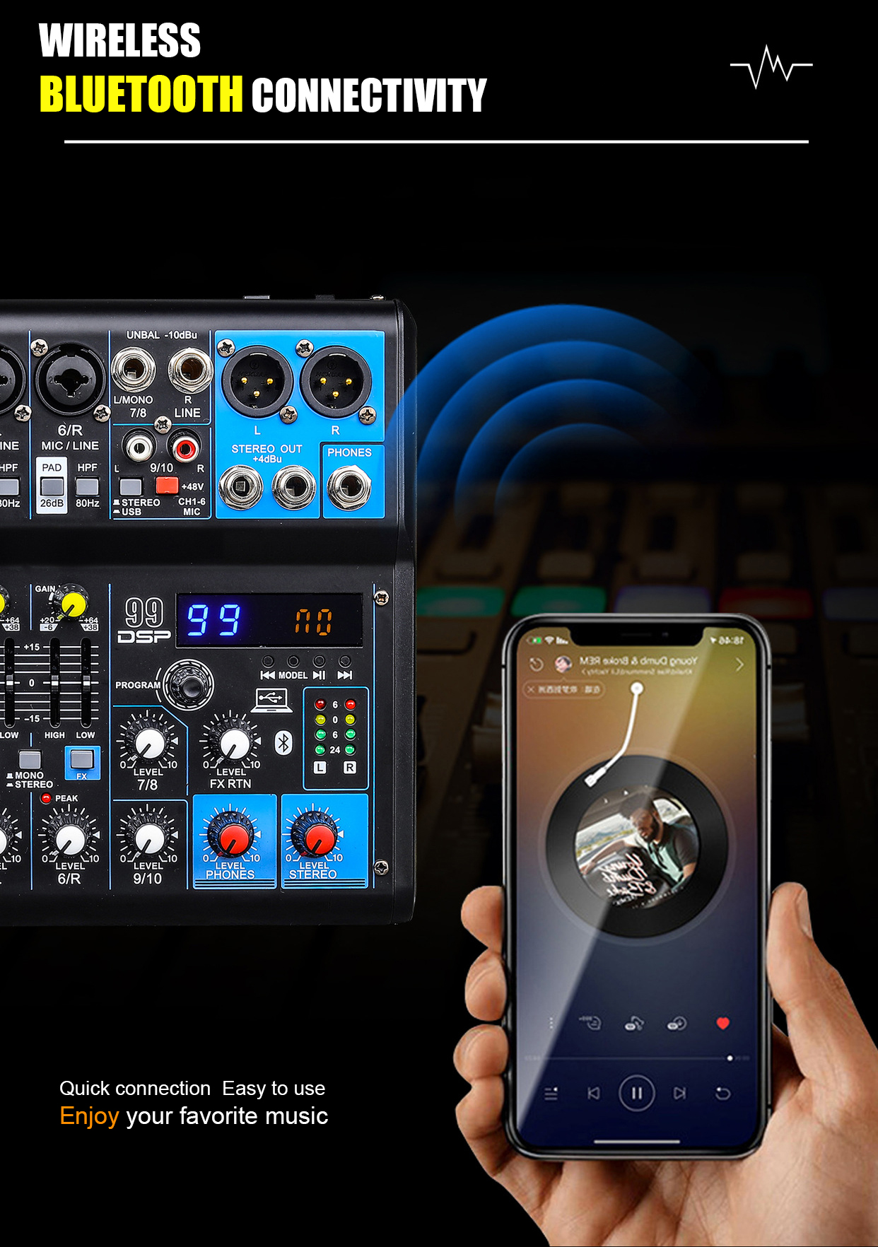 XTUGA MGA12 DJ mixer with 48v power and Bluetooth connectivity for easy music streaming