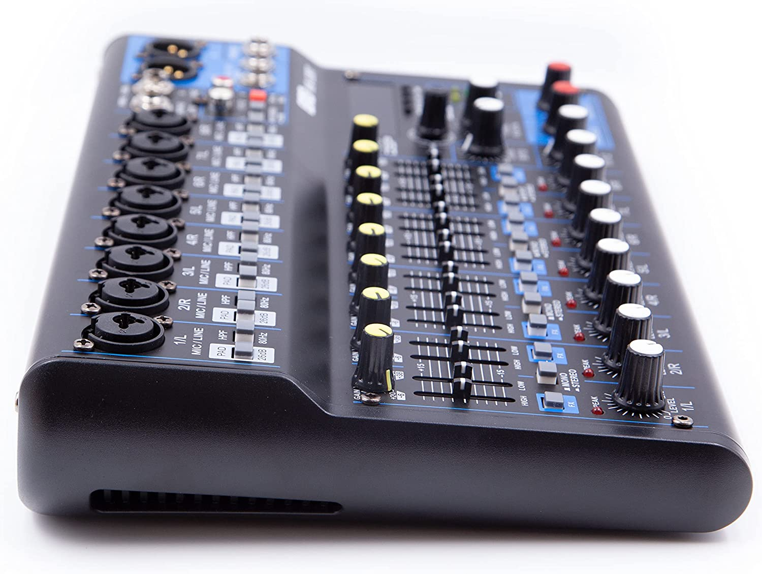 XTUGA MGA12 DJ mixer with 48v power features multiple inputs and adjustable EQ for professional audio mixing