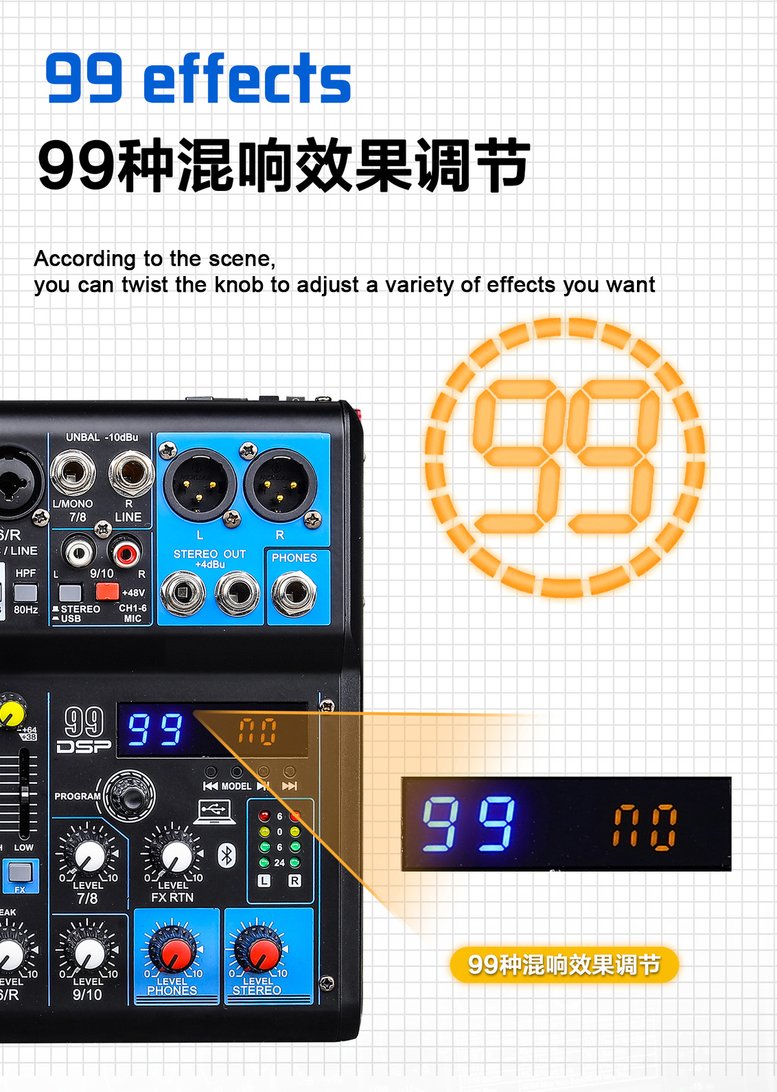 XTUGA MGA12 DJ mixer with 48v power showcasing 99 effects and adjustable knobs for precise sound control