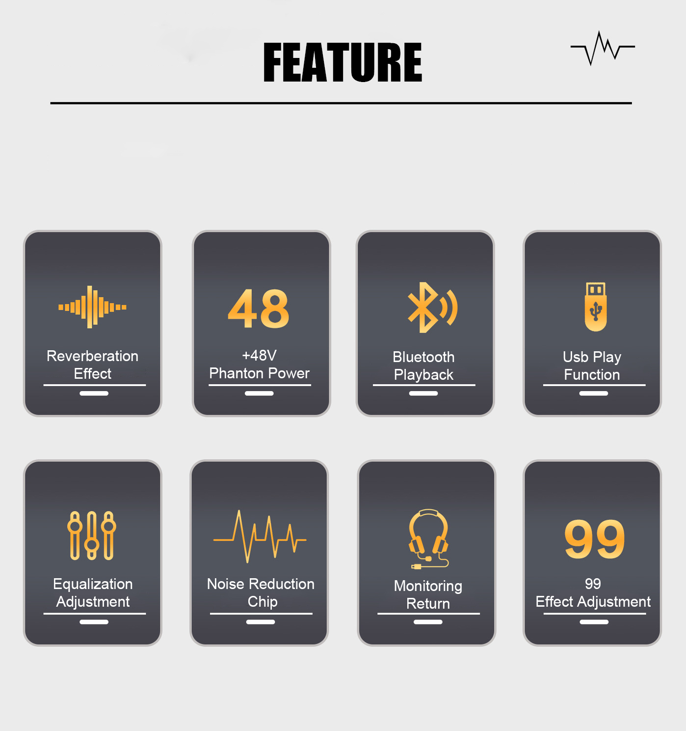 Features of XTUGA MGA12 DJ mixer with 48v power including Bluetooth playback and noise reduction chip