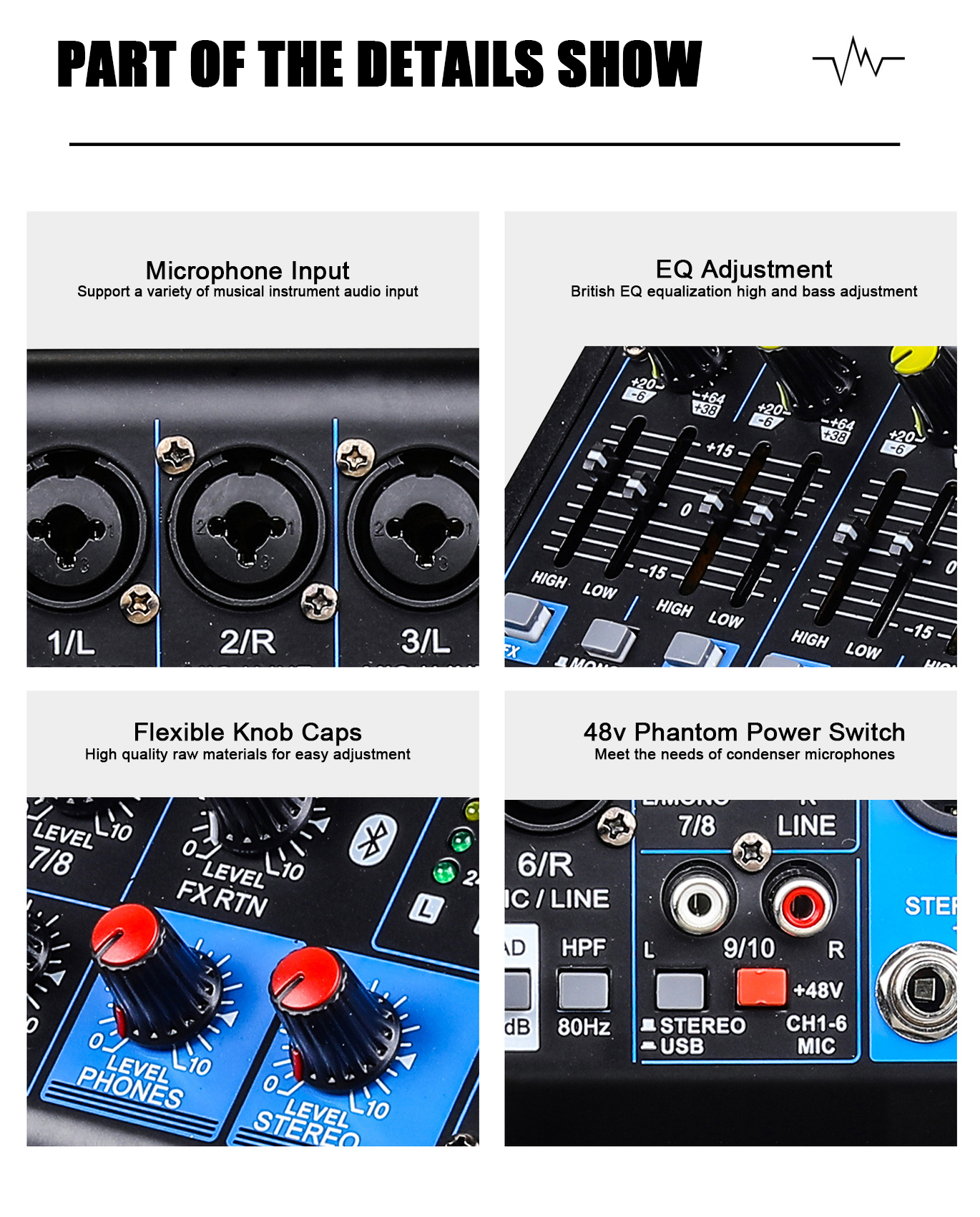 XTUGA MGA12 DJ mixer with 48v power showing microphone inputs and EQ adjustments