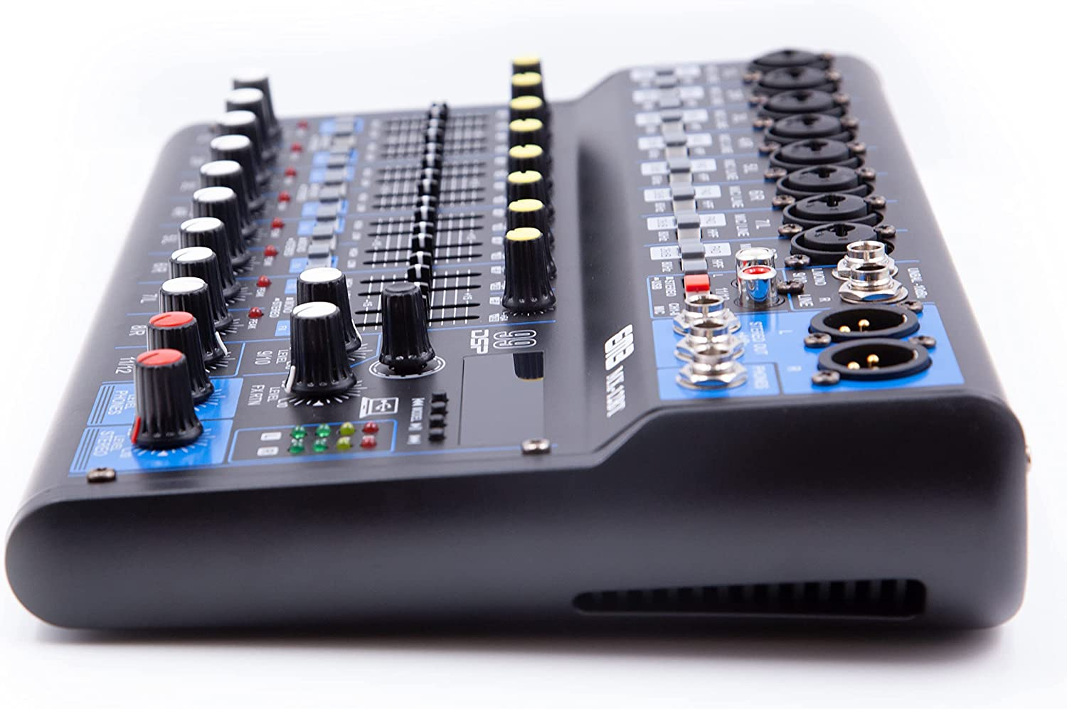 XTUGA MGA12 DJ mixer with 48v power, featuring multiple input channels and control knobs for audio mixing