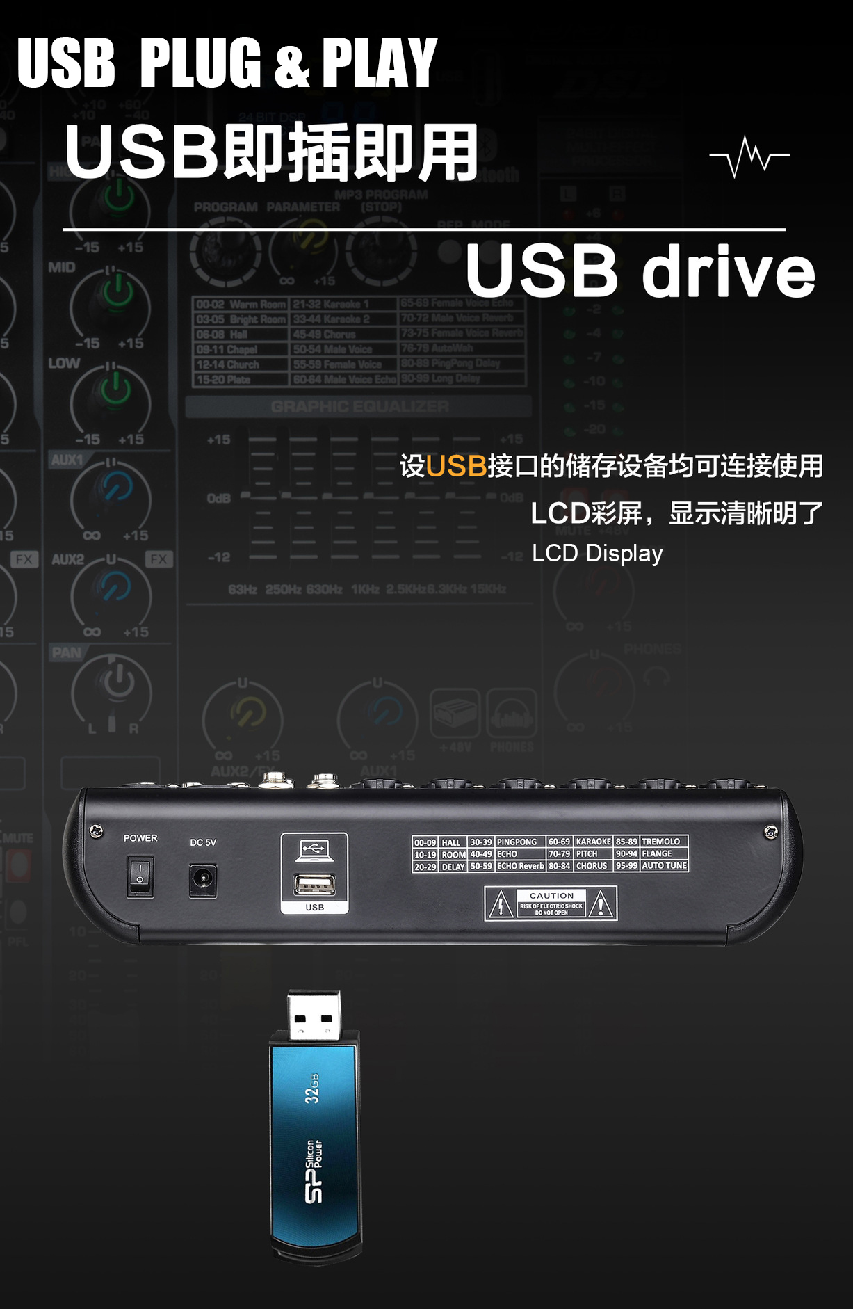 XTUGA MGA12 DJ mixer with 48v power featuring USB connectivity and LCD display for seamless audio mixing