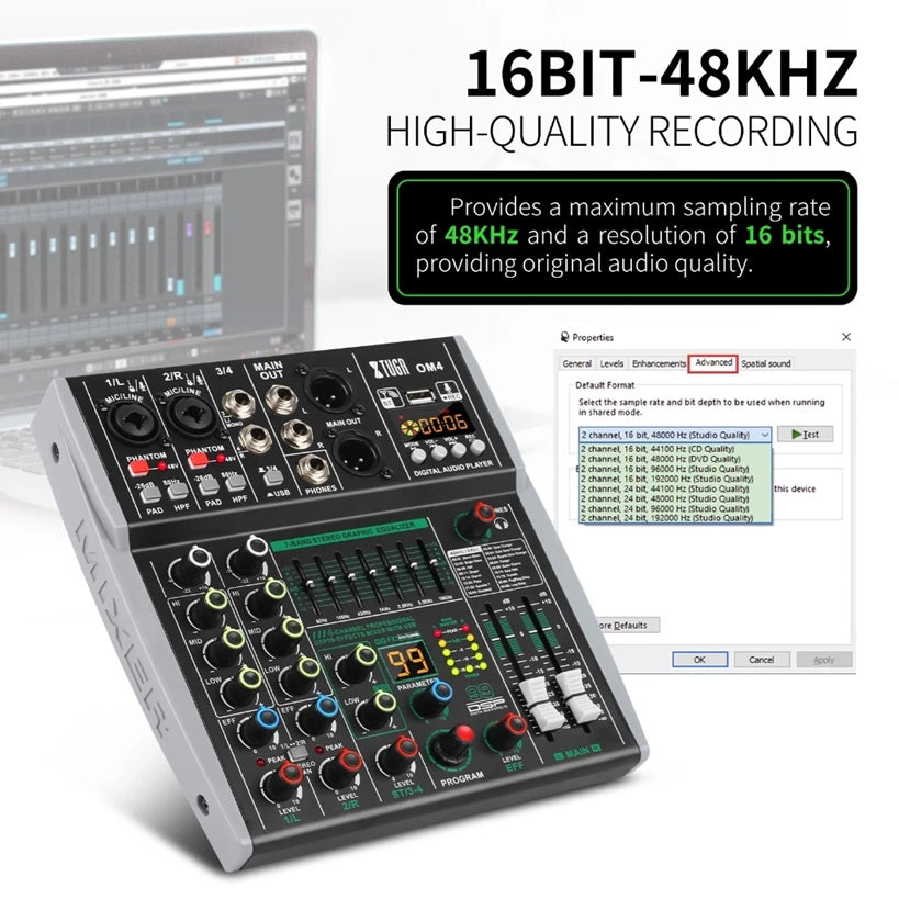 XTUGA OM4 sound mixing console with high-quality 16BIT-48KHZ recording for optimal audio performance