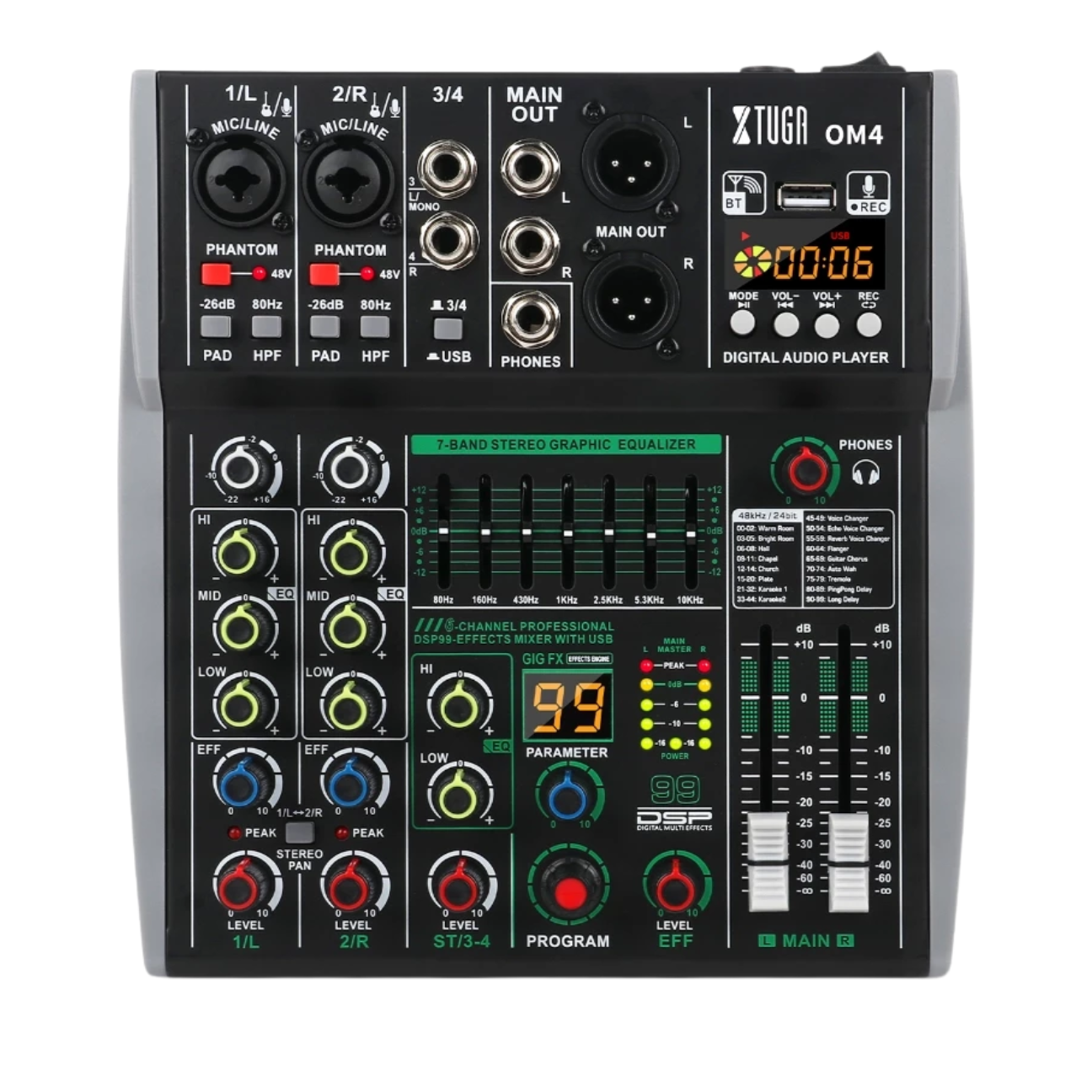XTUGA OM4 sound mixing console with multiple inputs, graphic equalizer, and digital audio player