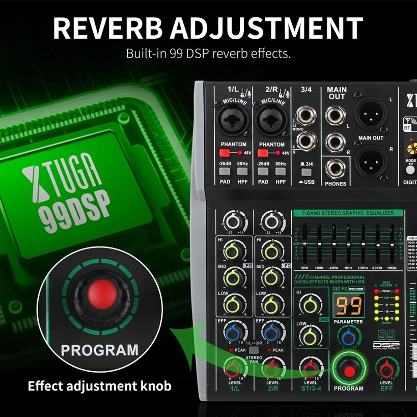 XTUGA OM4 sound mixing console featuring built-in 99 DSP reverb effects and multiple input options