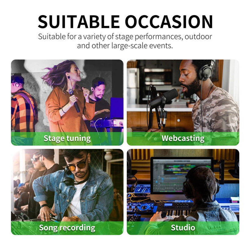 XTUGA OM4 sound mixing console with various users in different settings like stage tuning and song recording