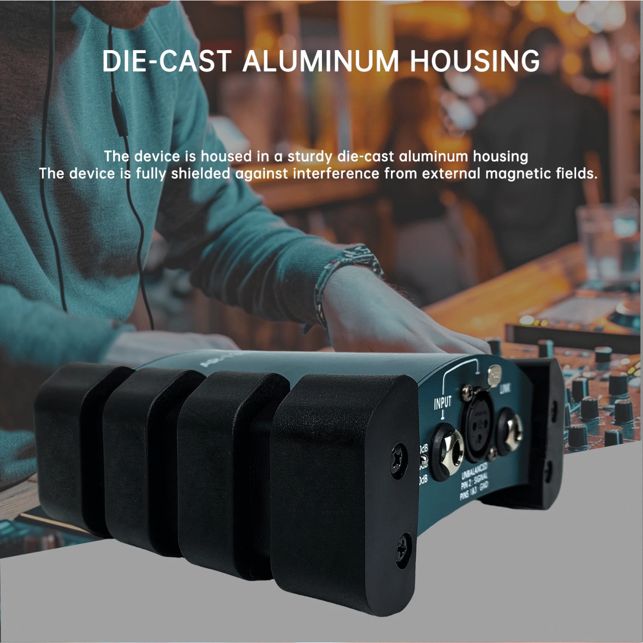 Phantom power 48V DI box with die-cast aluminum housing and interference shielding