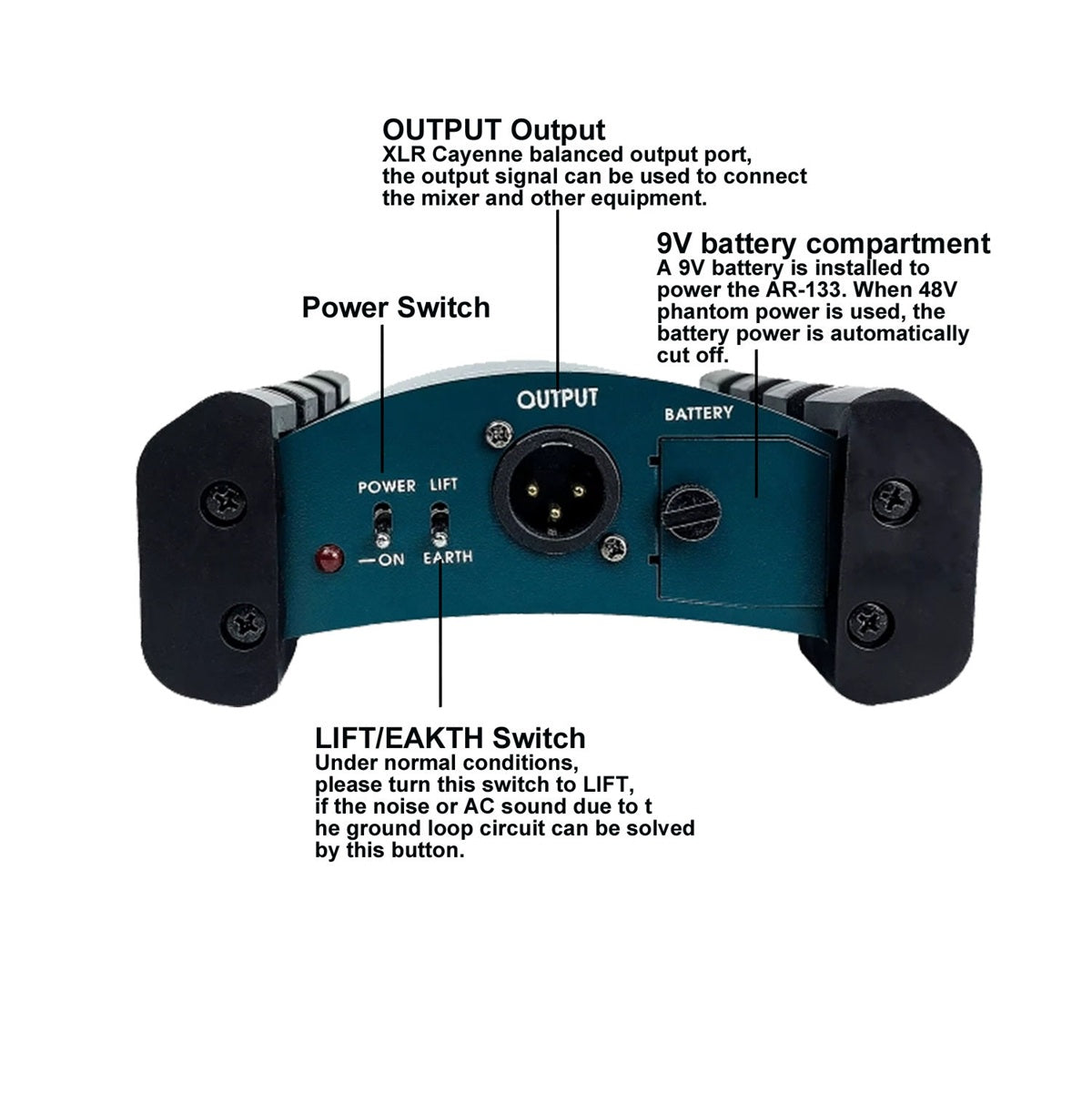 Audio Active DI Box with power switch and 9V battery compartment phantom power 48V DI box