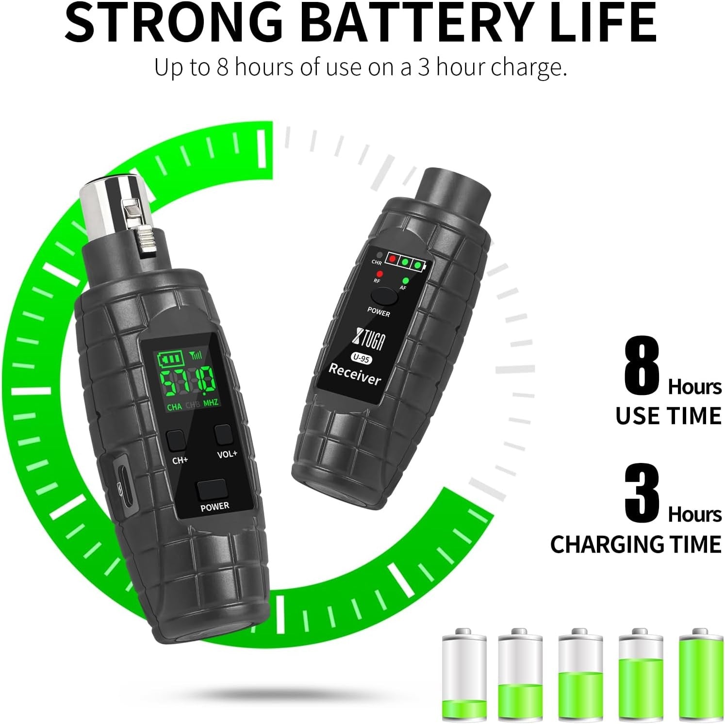 XTUGA U-95 guitar wireless system with strong battery life for 8 hours of use on a 3-hour charge