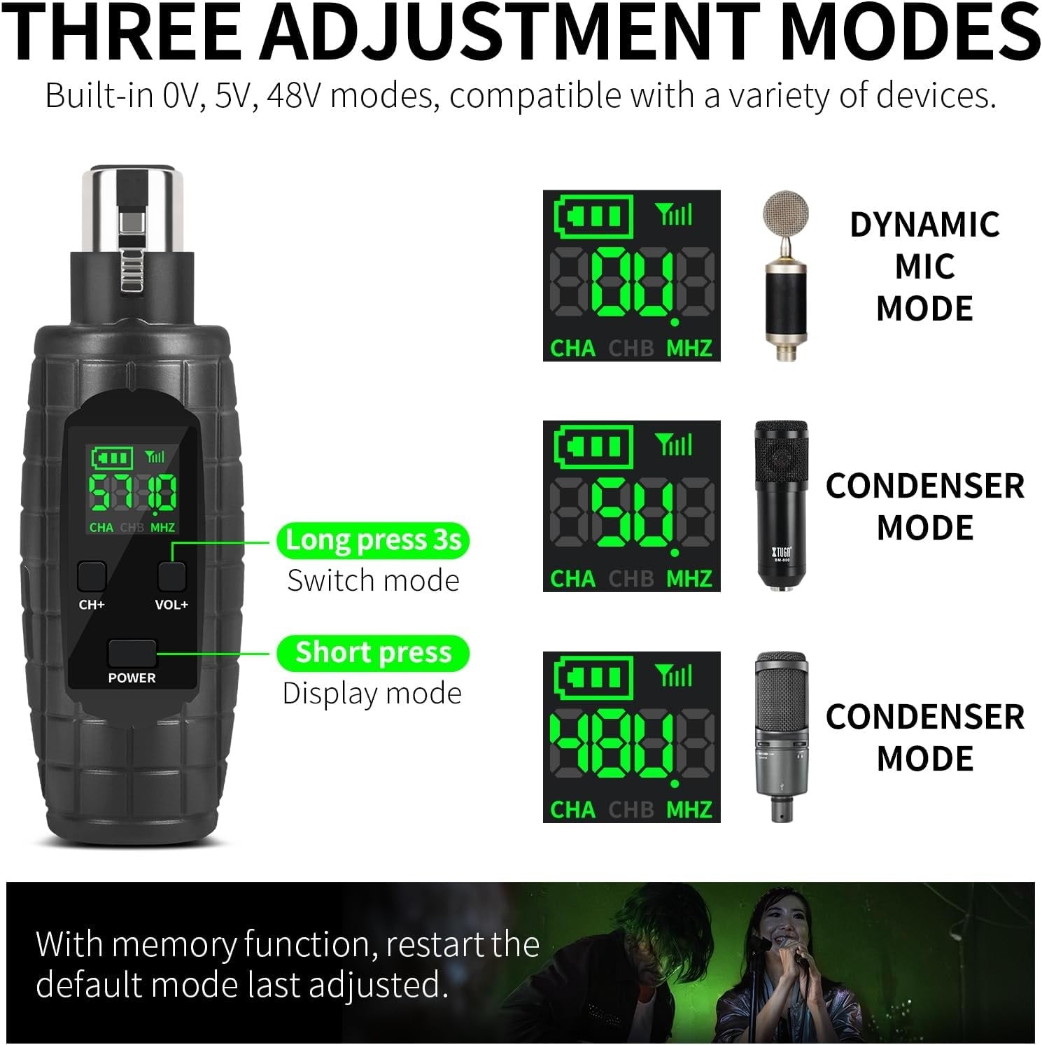 XTUGA U-95 guitar wireless system with three adjustment modes for dynamic and condenser microphones