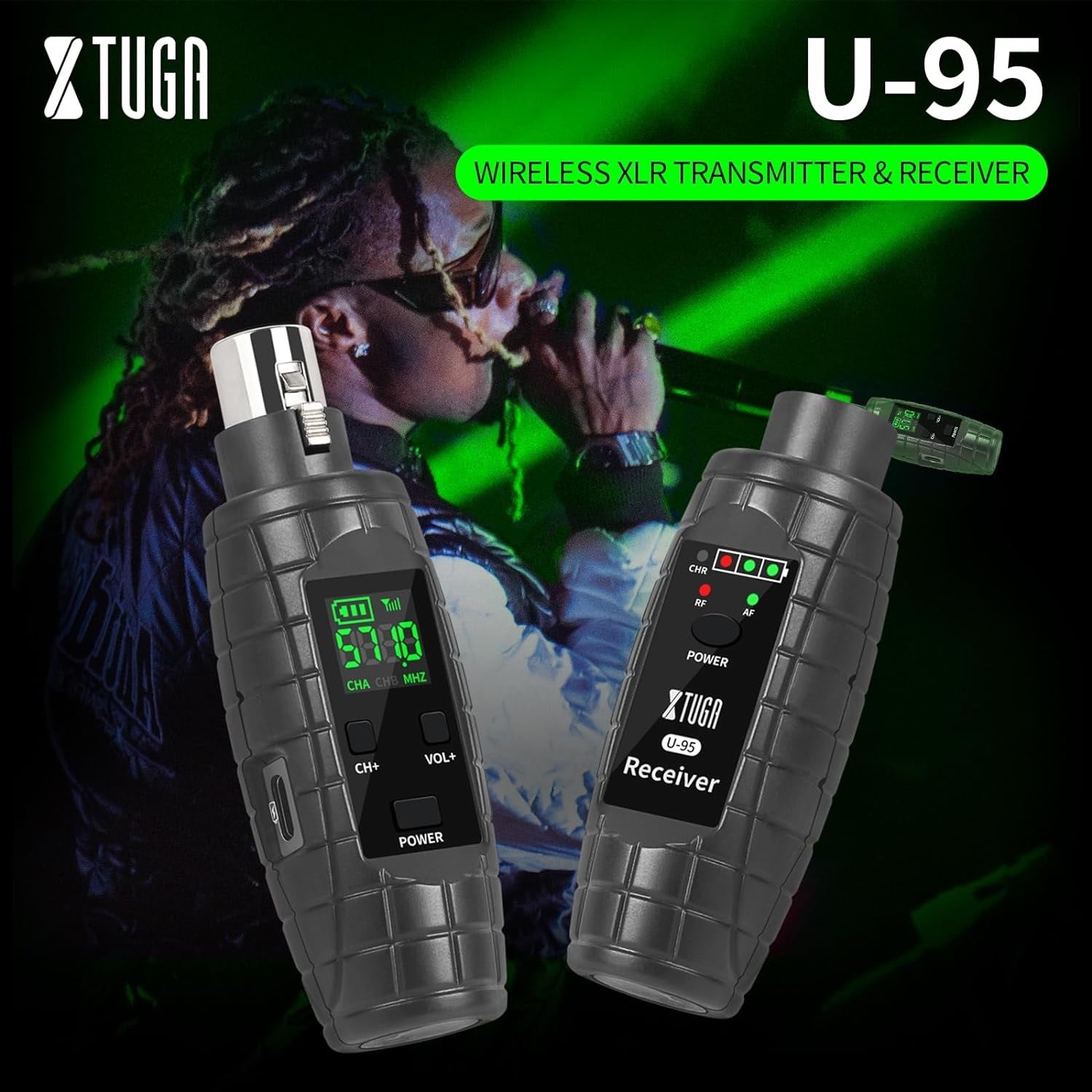 XTUGA U-95 guitar wireless system featuring a transmitter and receiver for seamless sound transmission