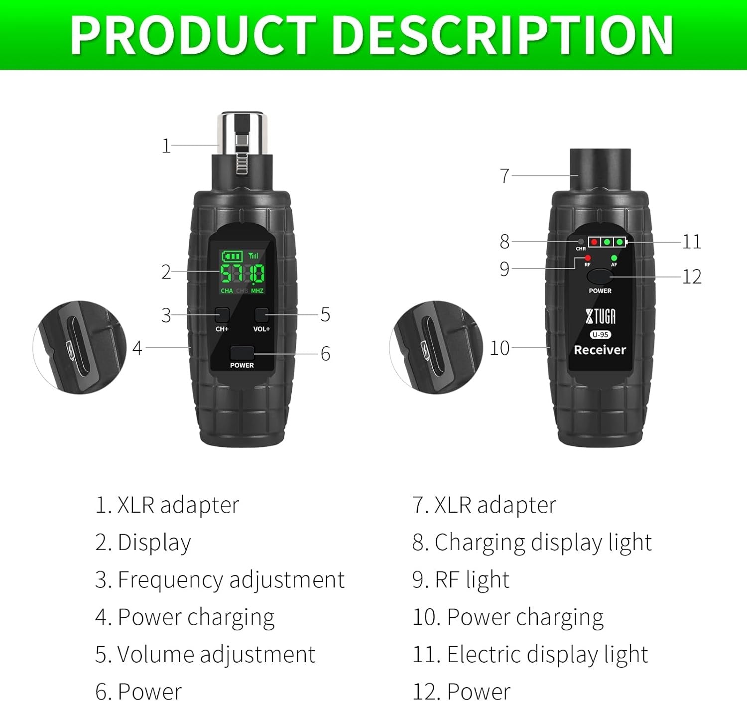 XTUGA U-95 guitar wireless system showcasing XLR transmitter and receiver with display and volume controls