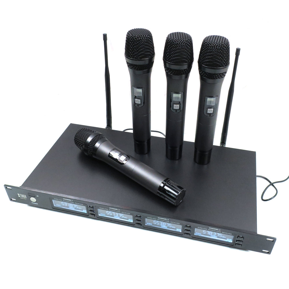 UHF wireless microphone system with four handheld microphones and digital display for dynamic audio performance