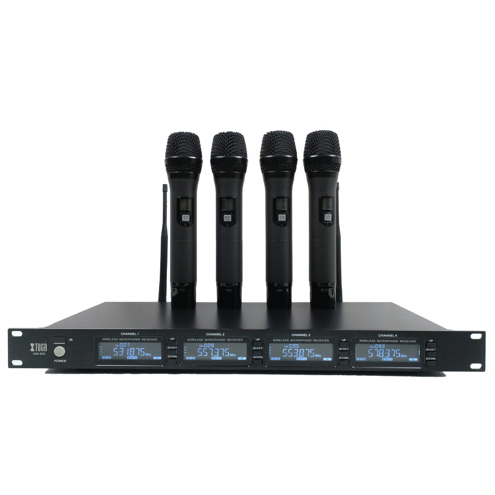 UHF wireless microphone system with four handheld microphones and digital display for dynamic audio performance