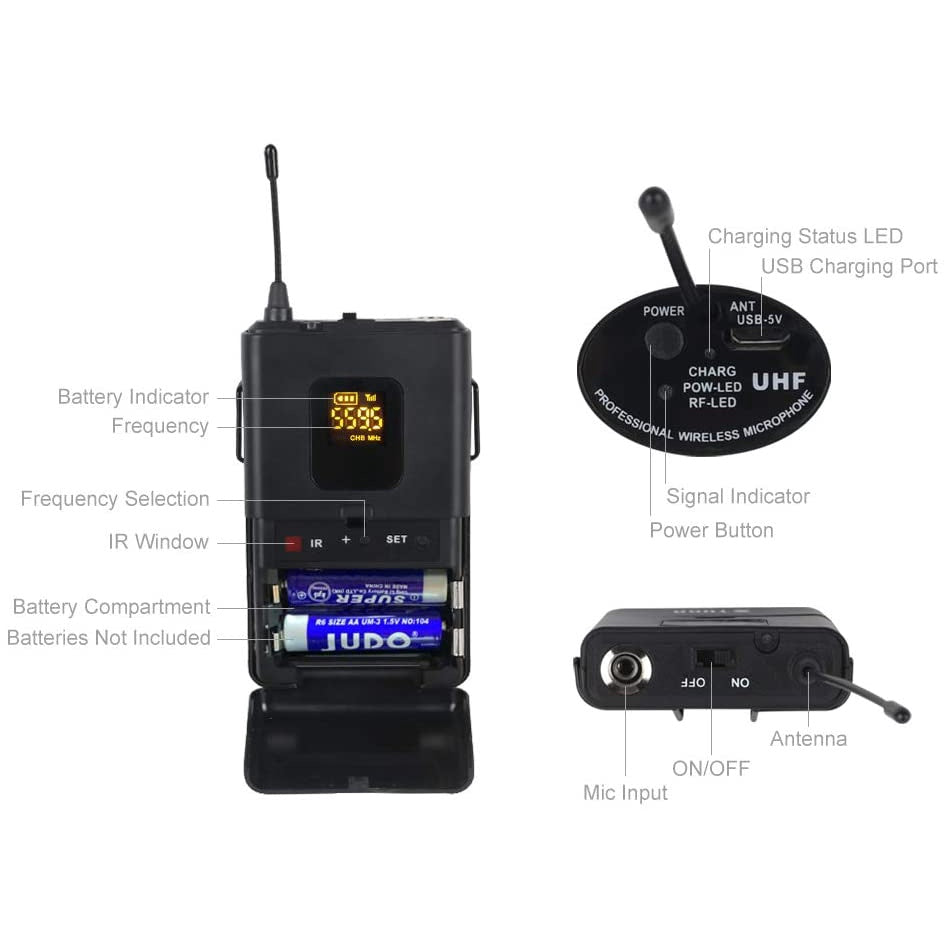 XTUGA UML200 wireless microphone system with battery indicator and USB charging port illustration