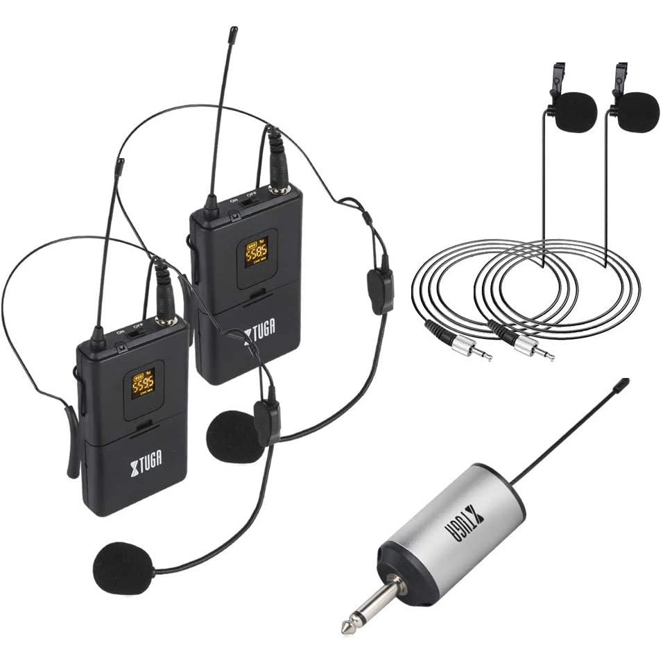 XTUGA UML200 wireless microphone system with two transmitters and dual lapel mics for clear audio capture