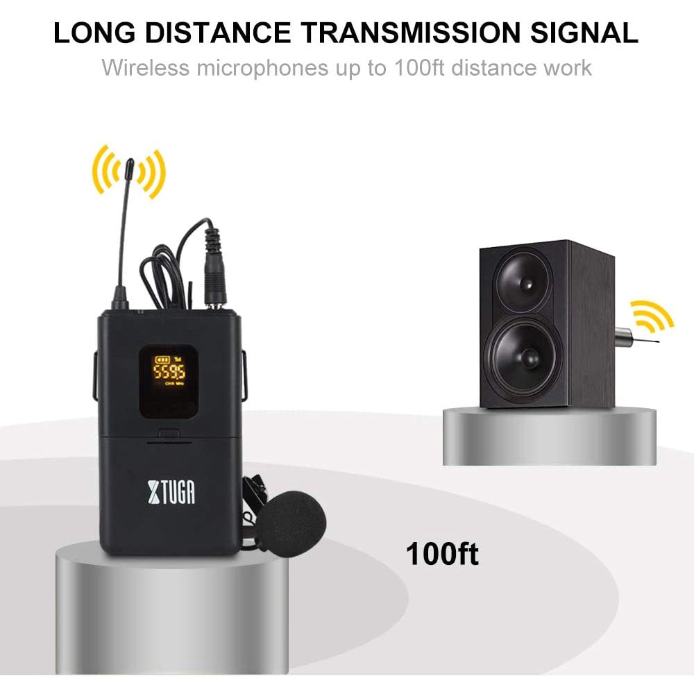 XTUGA UML200 wireless microphone system with long-distance transmission up to 100ft for clear audio