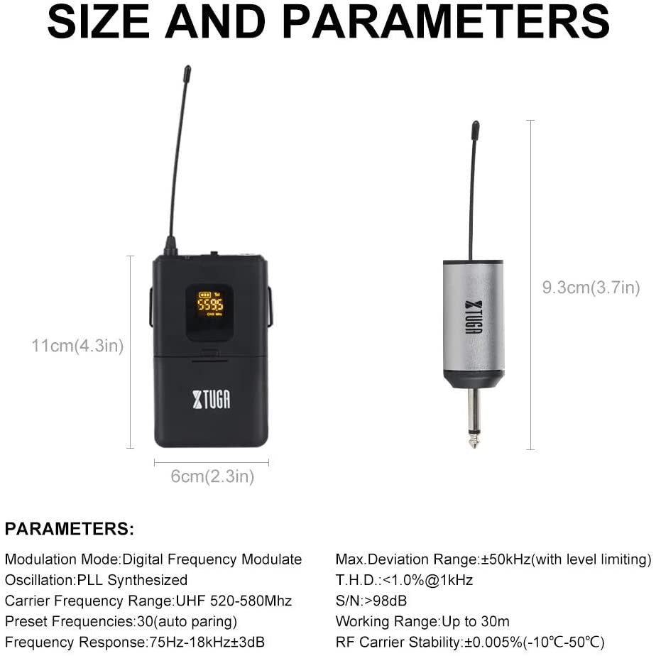 XTUGA UML200 wireless microphone system with transmitter and receiver specifications for clear audio transmission
