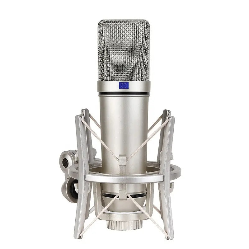 XTUGA UX87 condenser microphone in silver with shock mount for studio recording