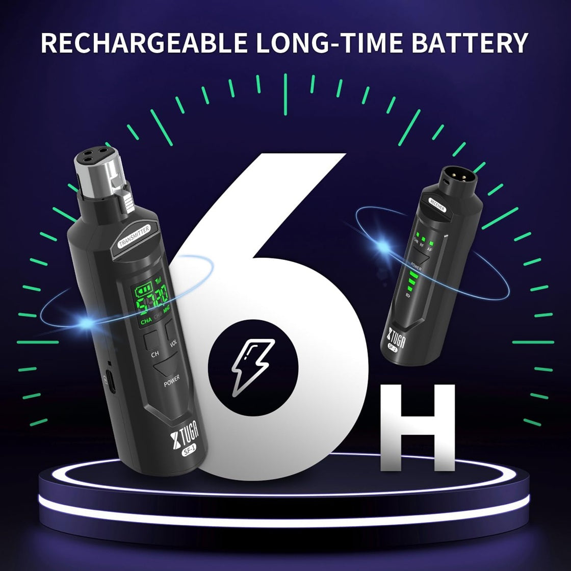 Wireless XLR transmitter and receiver kit with rechargeable long-time battery lasting 6 hours