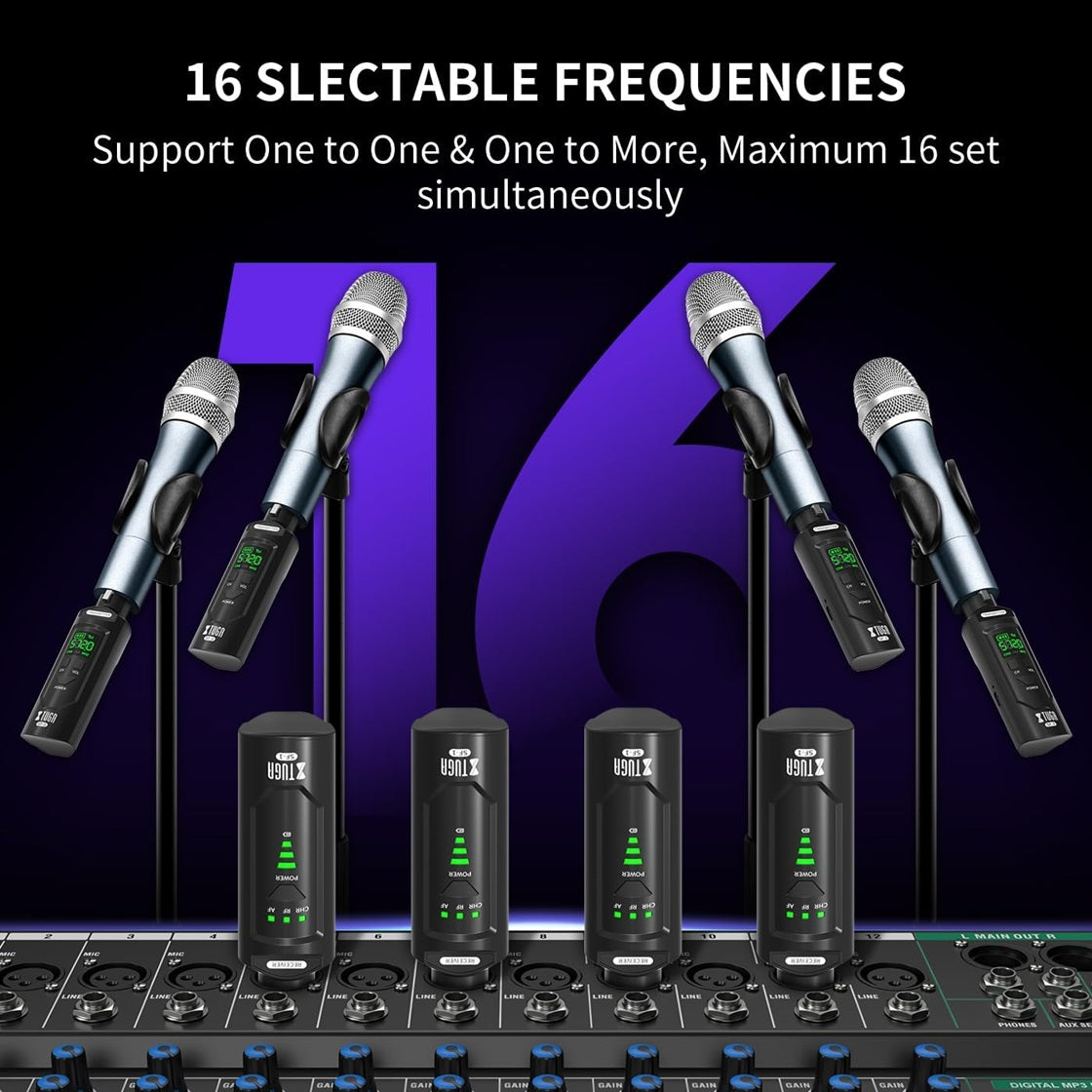 Wireless XLR transmitter and receiver kit with 16 selectable frequencies for versatile microphone use