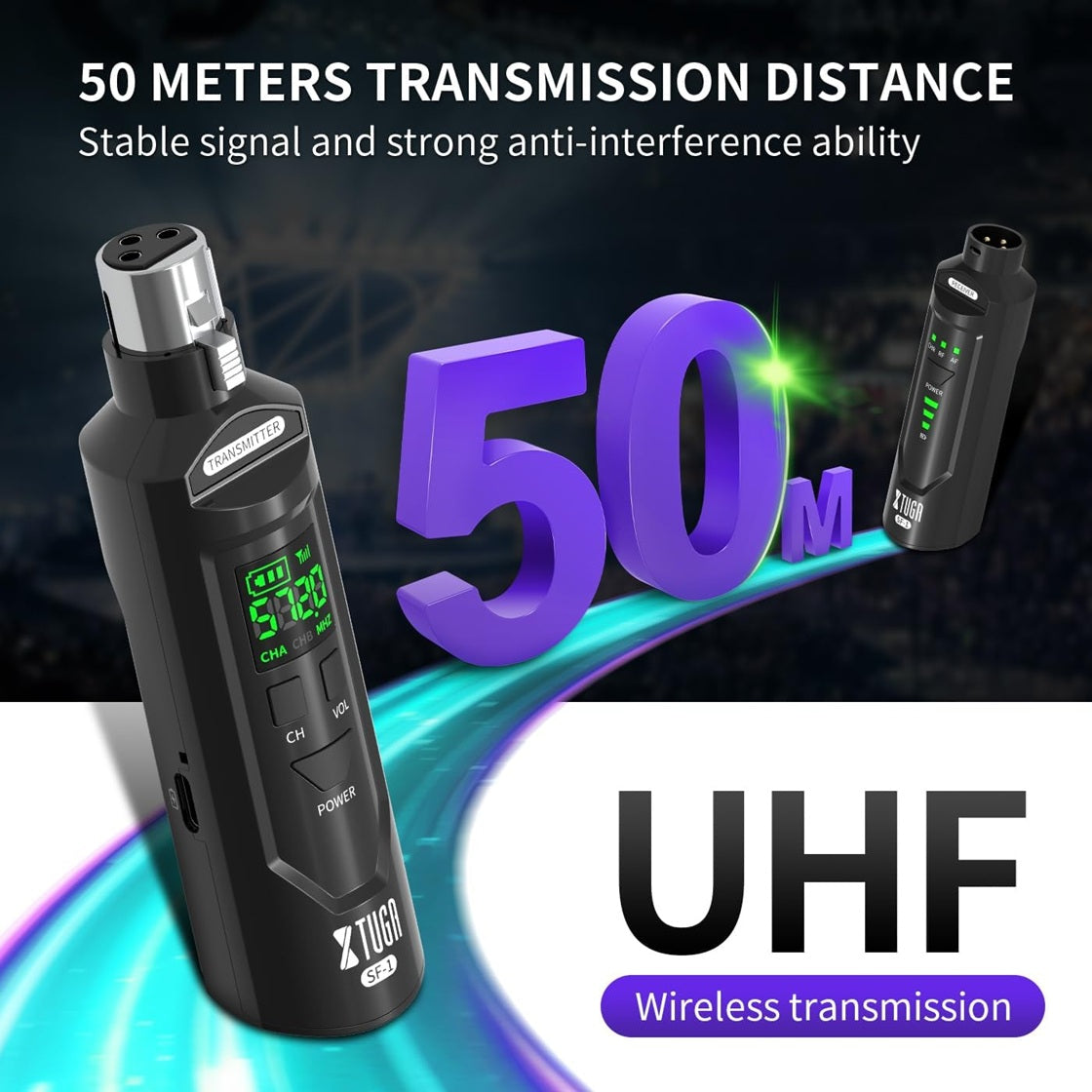 Wireless XLR transmitter and receiver kit featuring a 50-meter transmission distance for stable audio signal